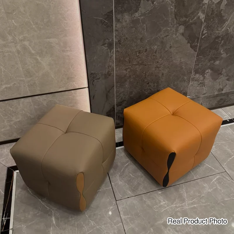 Contemporary Scandinavian Solid Wood Sponge Faux Leather Square Low Stool Backless Armless For Living Room & Entryway