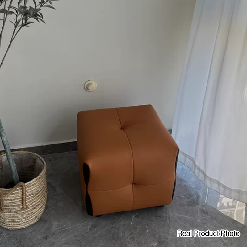 Contemporary Scandinavian Solid Wood Sponge Faux Leather Square Low Stool Backless Armless For Living Room & Entryway
