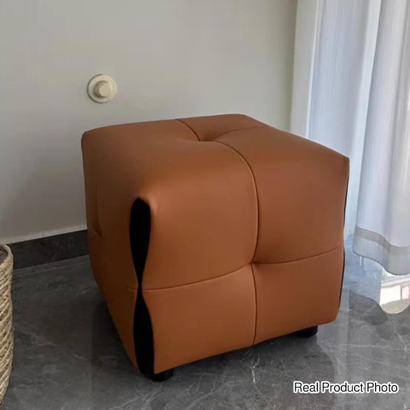 Contemporary Scandinavian Solid Wood Sponge Faux Leather Square Low Stool Backless Armless For Living Room & Entryway