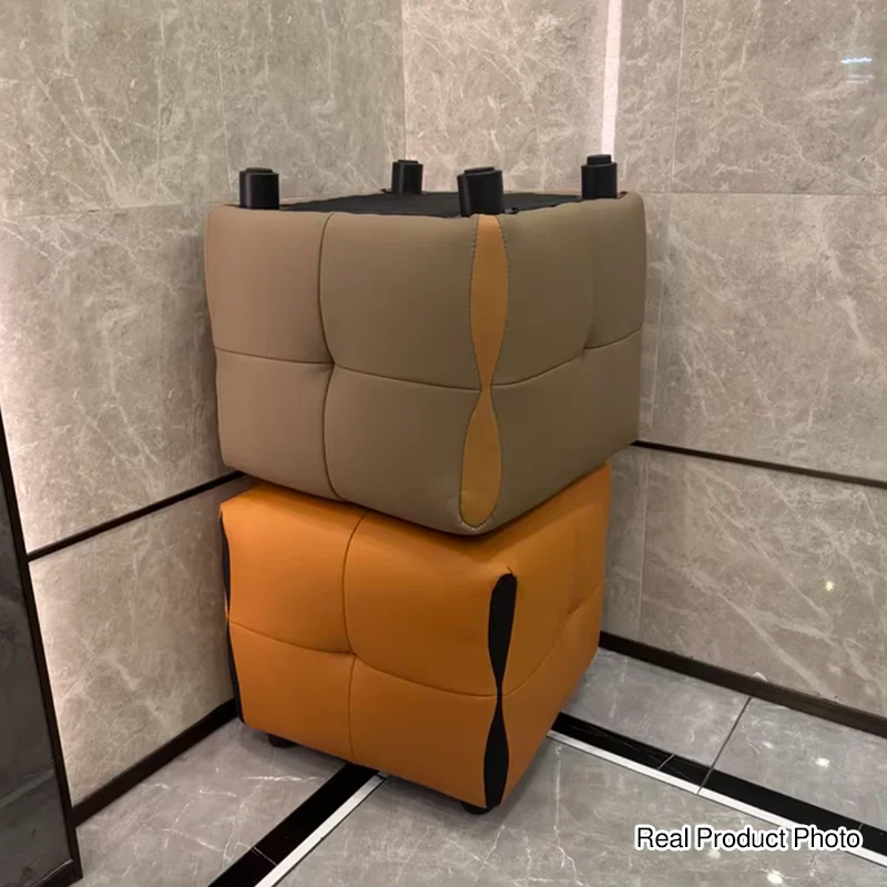Contemporary Scandinavian Solid Wood Sponge Faux Leather Square Low Stool Backless Armless For Living Room & Entryway