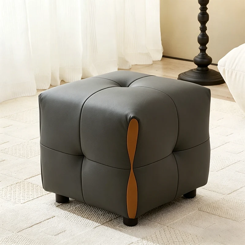 Contemporary Scandinavian Solid Wood Sponge Faux Leather Square Low Stool Backless Armless For Living Room & Entryway