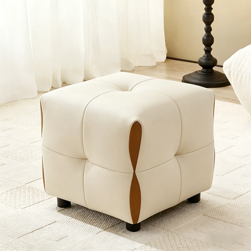 Contemporary Scandinavian Solid Wood Sponge Faux Leather Square Low Stool Backless Armless For Living Room & Entryway