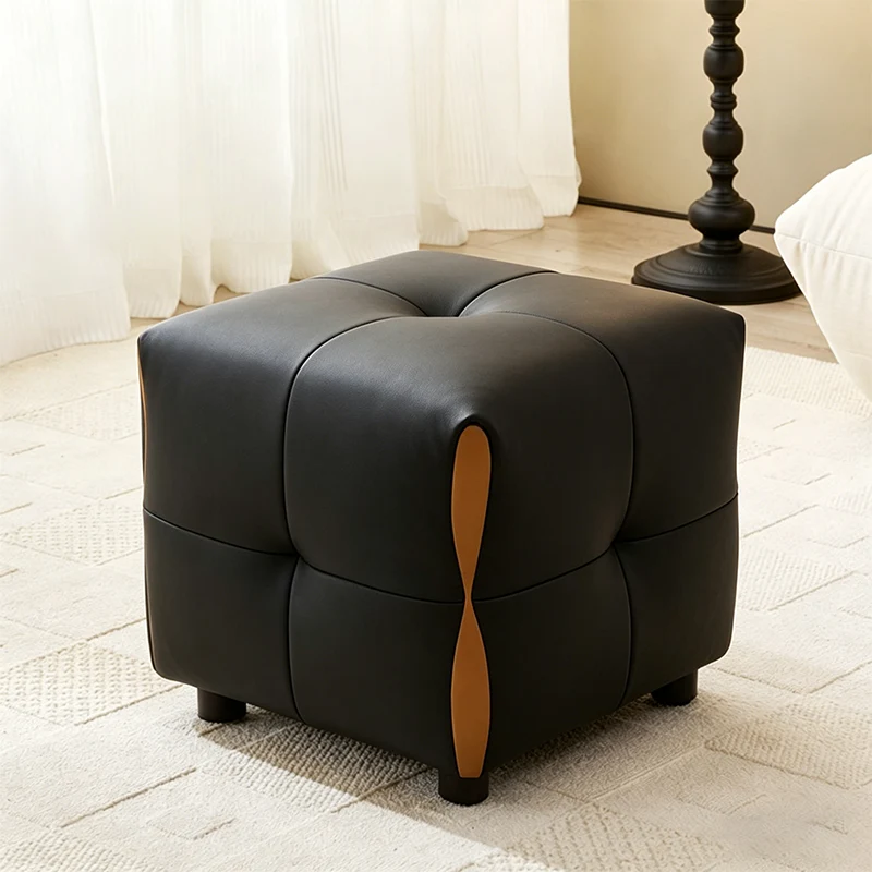 Contemporary Scandinavian Solid Wood Sponge Faux Leather Square Low Stool Backless Armless For Living Room & Entryway