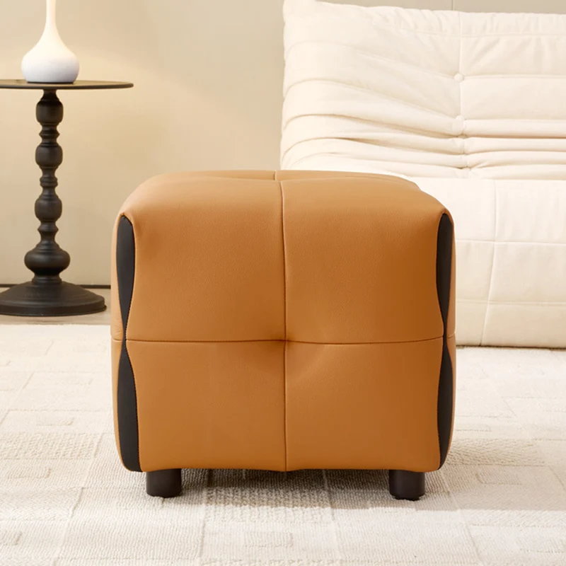 Contemporary Scandinavian Solid Wood Sponge Faux Leather Square Low Stool Backless Armless For Living Room & Entryway