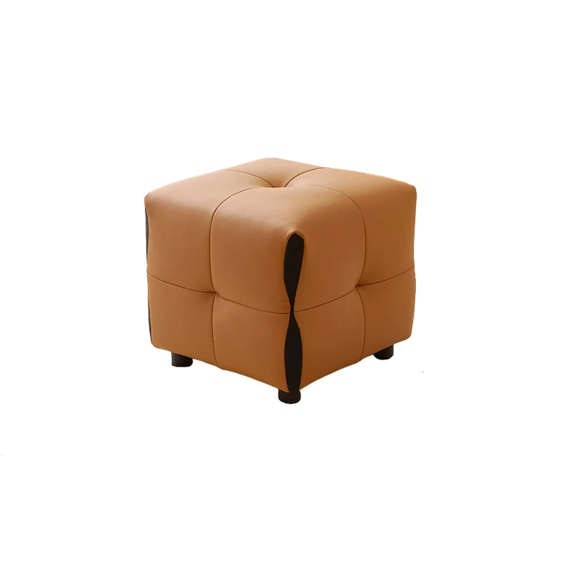Contemporary Scandinavian Solid Wood Sponge Faux Leather Square Low Stool Backless Armless For Living Room & Entryway