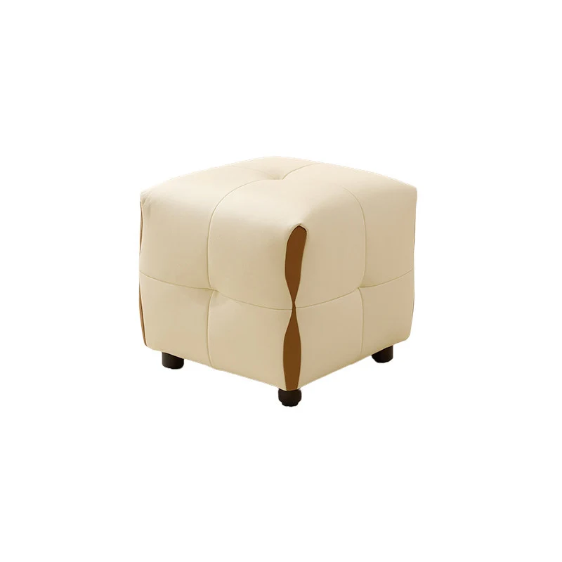 Contemporary Scandinavian Solid Wood Sponge Faux Leather Square Low Stool Backless Armless For Living Room & Entryway