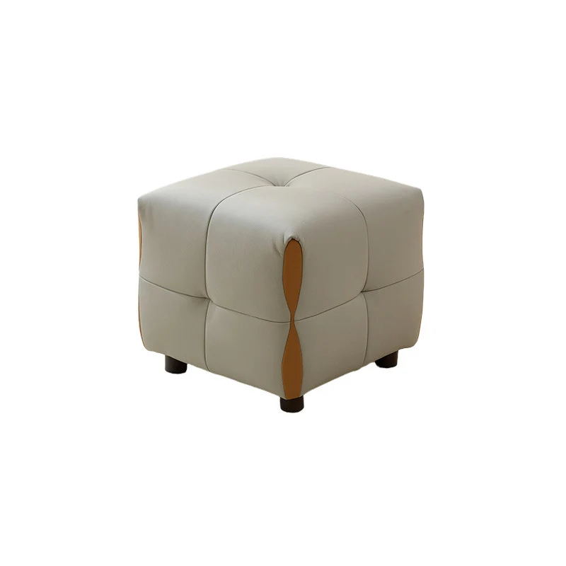 Contemporary Scandinavian Solid Wood Sponge Faux Leather Square Low Stool Backless Armless For Living Room & Entryway