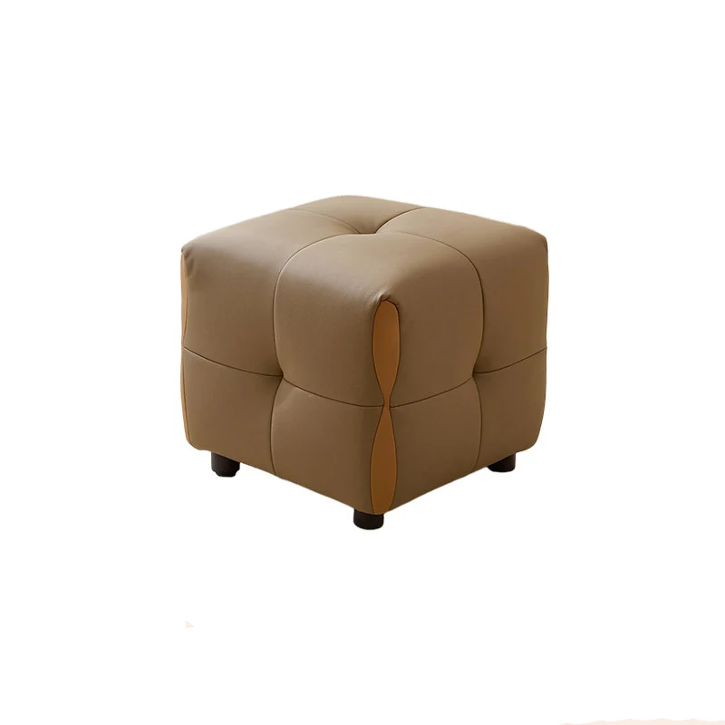 Contemporary Scandinavian Solid Wood Sponge Faux Leather Square Low Stool Backless Armless For Living Room & Entryway