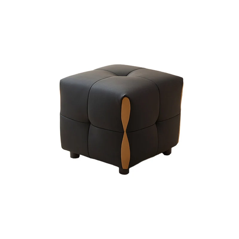 Contemporary Scandinavian Solid Wood Sponge Faux Leather Square Low Stool Backless Armless For Living Room & Entryway