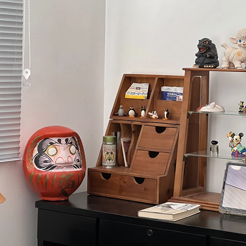 Contemporary Retro Cedar Wood Plywood Rectangular Foldable Desktop Storage Shelf 4-Drawer For Living Room & Bedroom