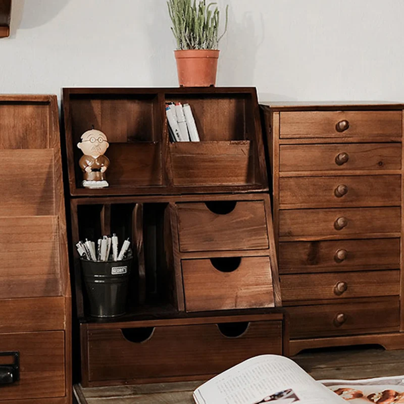 Contemporary Retro Cedar Wood Plywood Rectangular Foldable Desktop Storage Shelf 4-Drawer For Living Room & Bedroom