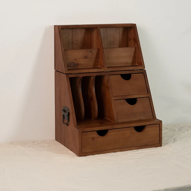 Contemporary Retro Cedar Wood Plywood Rectangular Foldable Desktop Storage Shelf 4-Drawer For Living Room & Bedroom