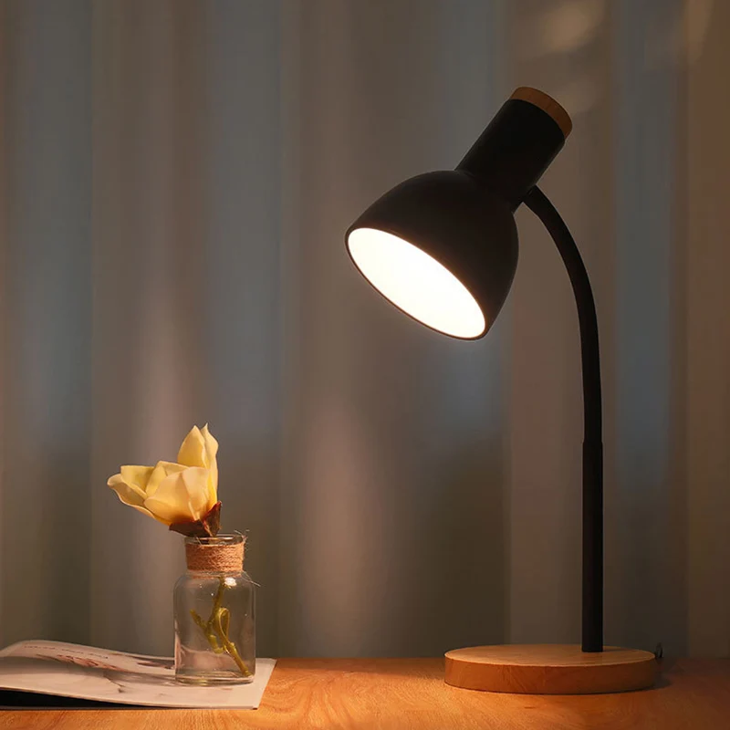 Modern Minimalist Iron Wooden Base Hose Foldable Adjustable Arm 1-Light Table Lamp For Bedroom