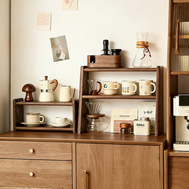 Contemporary Retro Elm Wood Rectangular Desktop Storage Shelf 2-Tier For Tea Sets & Coffee Cups For Living Room & Dining Room