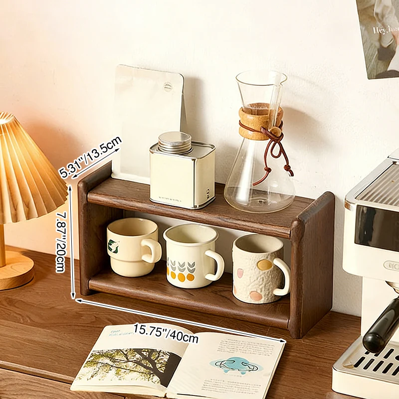 Contemporary Retro Elm Wood Rectangular Desktop Storage Shelf 2-Tier For Tea Sets & Coffee Cups For Living Room & Dining Room