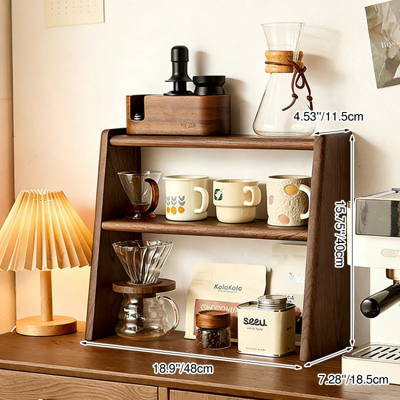 Contemporary Retro Elm Wood Rectangular Desktop Storage Shelf 2-Tier For Tea Sets & Coffee Cups For Living Room & Dining Room