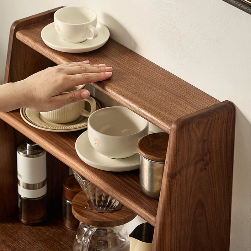Contemporary Retro Elm Wood Rectangular Desktop Storage Shelf 2-Tier For Tea Sets & Coffee Cups For Living Room & Dining Room