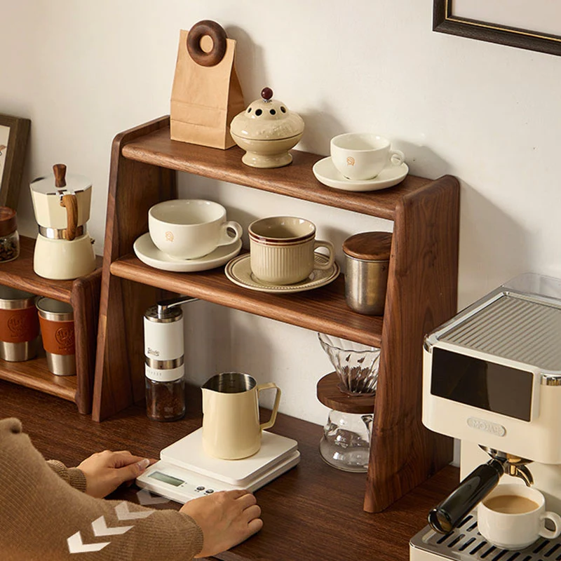 Contemporary Retro Elm Wood Rectangular Desktop Storage Shelf 2-Tier For Tea Sets & Coffee Cups For Living Room & Dining Room