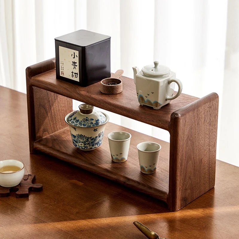 Contemporary Retro Elm Wood Rectangular Desktop Storage Shelf 2-Tier For Tea Sets & Coffee Cups For Living Room & Dining Room