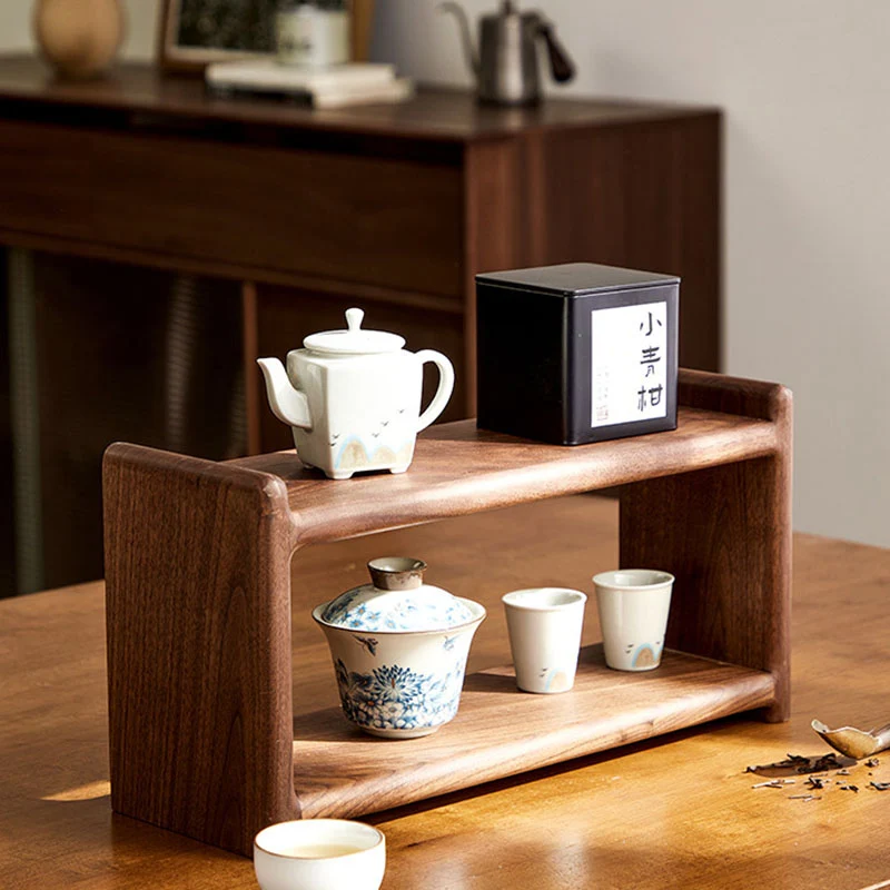 Contemporary Retro Elm Wood Rectangular Desktop Storage Shelf 2-Tier For Tea Sets & Coffee Cups For Living Room & Dining Room