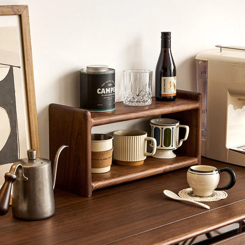 Contemporary Retro Elm Wood Rectangular Desktop Storage Shelf 2-Tier For Tea Sets & Coffee Cups For Living Room & Dining Room
