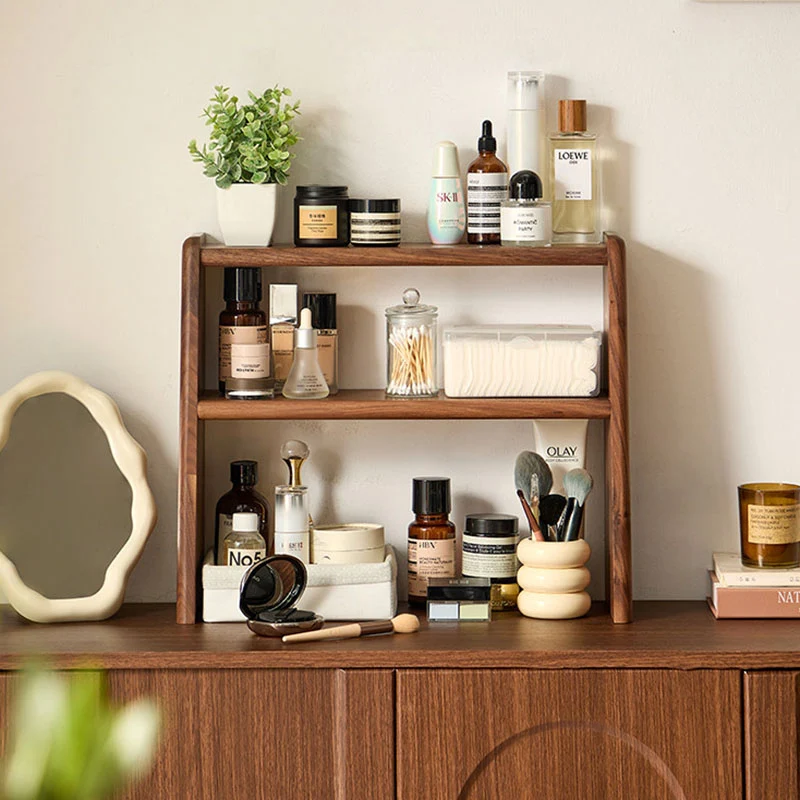 Contemporary Retro Elm Wood Rectangular Desktop Storage Shelf 2-Tier For Tea Sets & Coffee Cups For Living Room & Dining Room