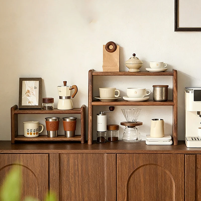 Contemporary Retro Elm Wood Rectangular Desktop Storage Shelf 2-Tier For Tea Sets & Coffee Cups For Living Room & Dining Room