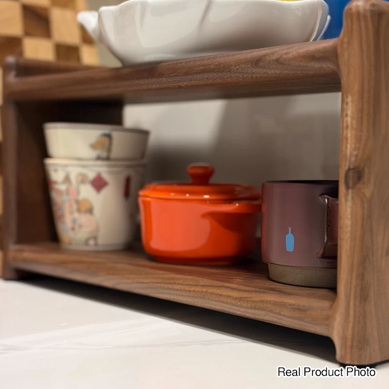 Contemporary Retro Elm Wood Rectangular Desktop Storage Shelf 2-Tier For Tea Sets & Coffee Cups For Living Room & Dining Room