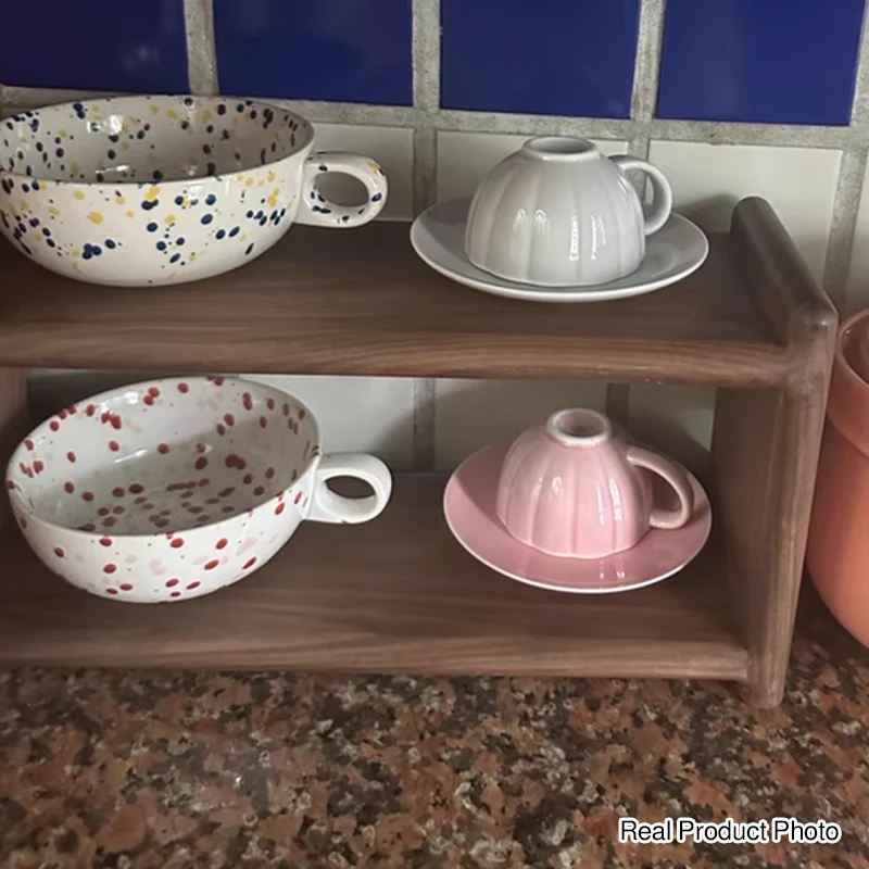 Contemporary Retro Elm Wood Rectangular Desktop Storage Shelf 2-Tier For Tea Sets & Coffee Cups For Living Room & Dining Room
