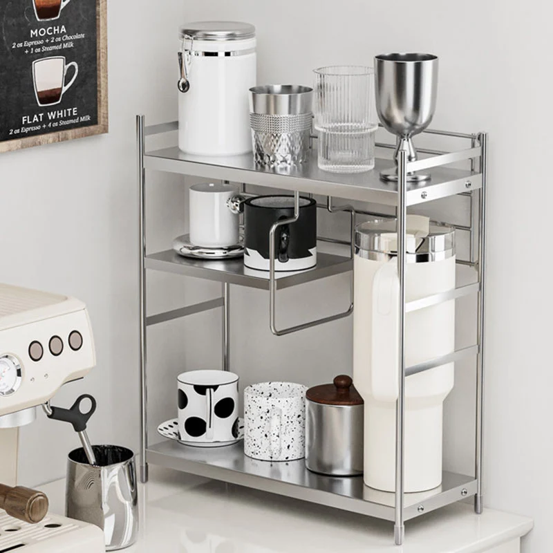 Modern Minimalist Stainless Steel Rectangular Adjustable Desktop Storage Shelf 3-Tier Cup Organizer For Living Room & Dining Room