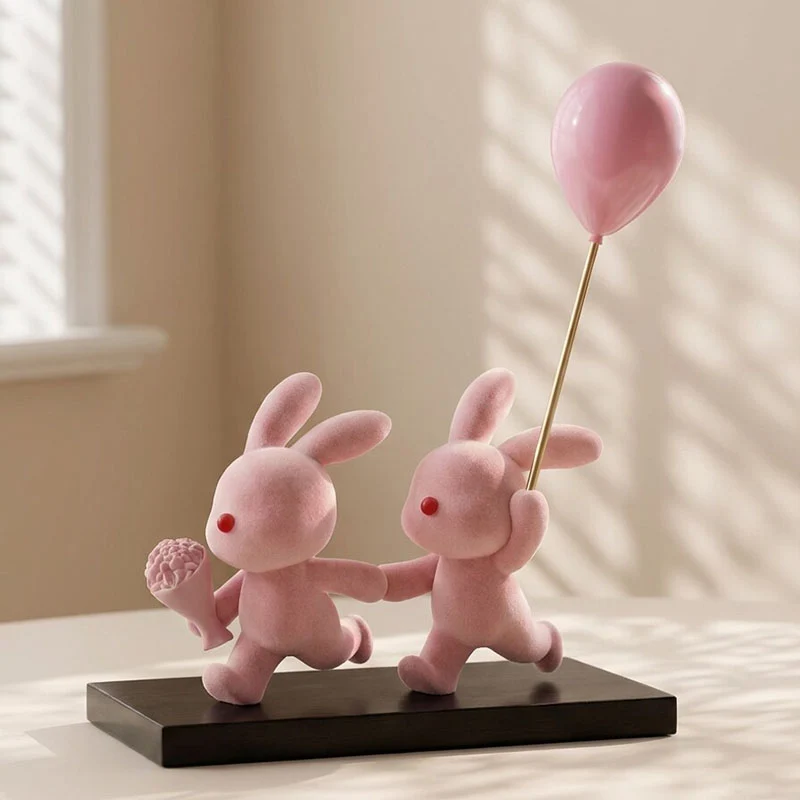 Contemporary Creative Resin Flocked Pink Rabbit-shaped Table Decor For Living Room & Bedroom