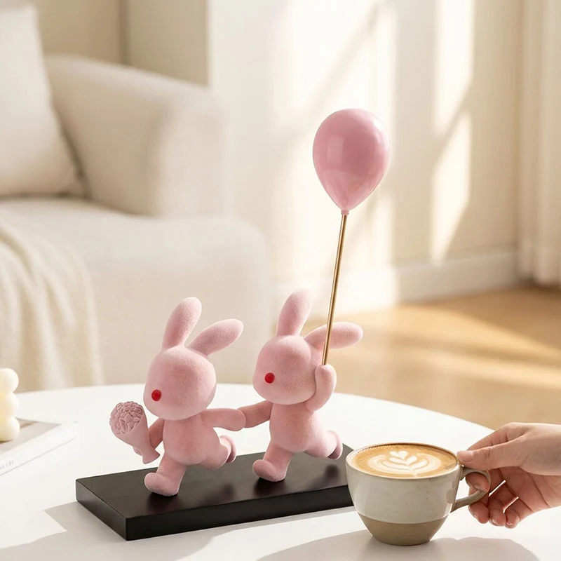 Contemporary Creative Resin Flocked Pink Rabbit-shaped Table Decor For Living Room & Bedroom
