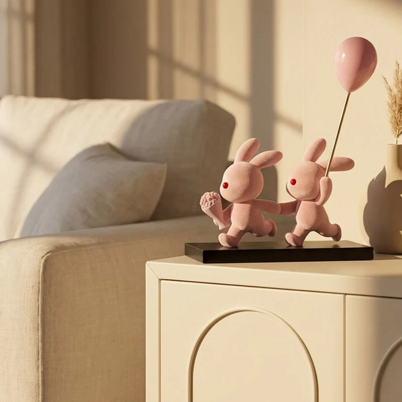 Contemporary Creative Resin Flocked Pink Rabbit-shaped Table Decor For Living Room & Bedroom