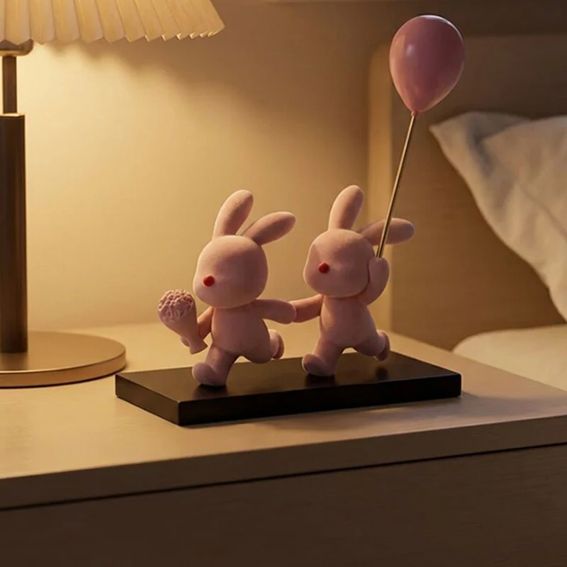 Contemporary Creative Resin Flocked Pink Rabbit-shaped Table Decor For Living Room & Bedroom