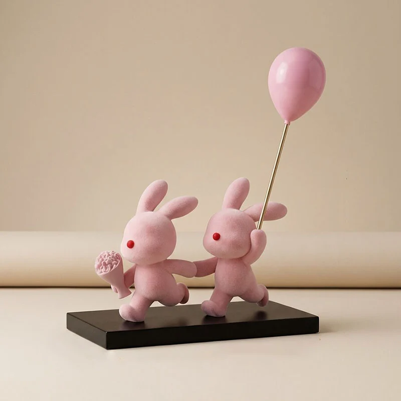 Contemporary Creative Resin Flocked Pink Rabbit-shaped Table Decor For Living Room & Bedroom