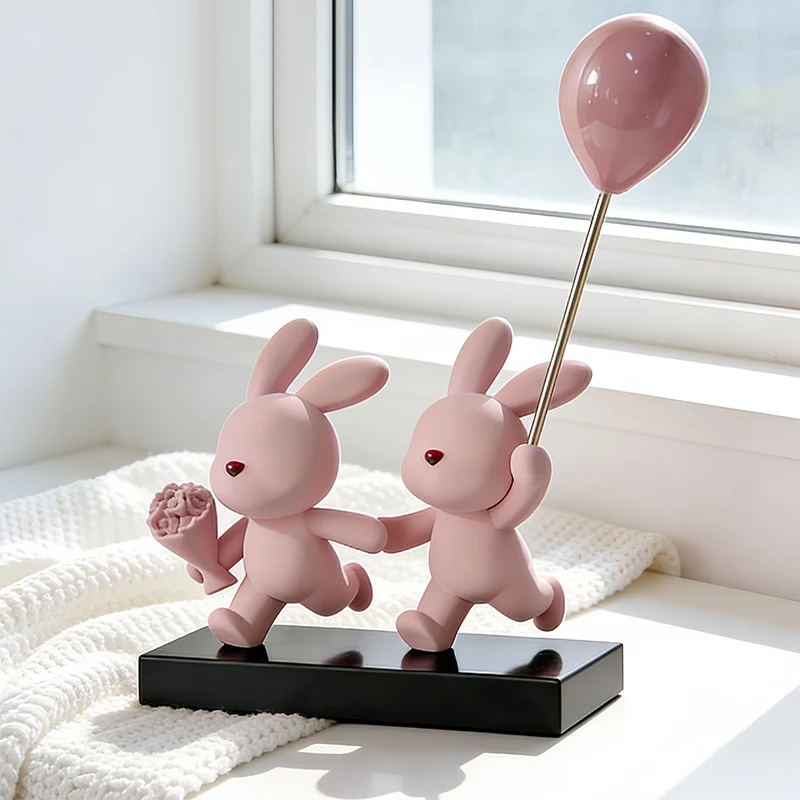 Contemporary Creative Resin Flocked Pink Rabbit-shaped Table Decor For Living Room & Bedroom