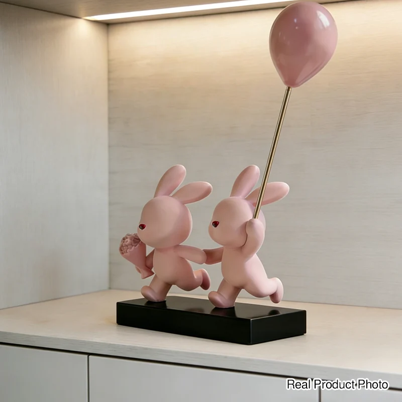 Contemporary Creative Resin Flocked Pink Rabbit-shaped Table Decor For Living Room & Bedroom