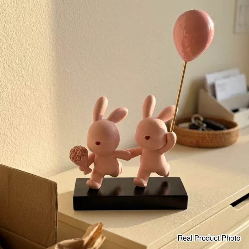 Contemporary Creative Resin Flocked Pink Rabbit-shaped Table Decor For Living Room & Bedroom