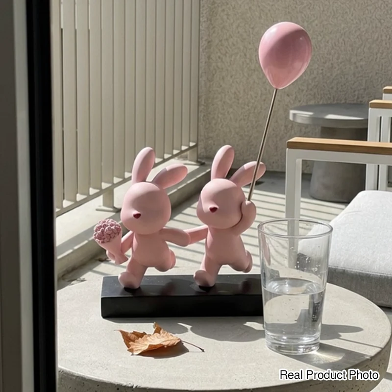 Contemporary Creative Resin Flocked Pink Rabbit-shaped Table Decor For Living Room & Bedroom