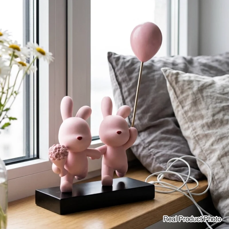 Contemporary Creative Resin Flocked Pink Rabbit-shaped Table Decor For Living Room & Bedroom