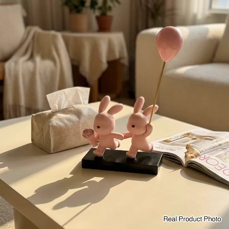Contemporary Creative Resin Flocked Pink Rabbit-shaped Table Decor For Living Room & Bedroom