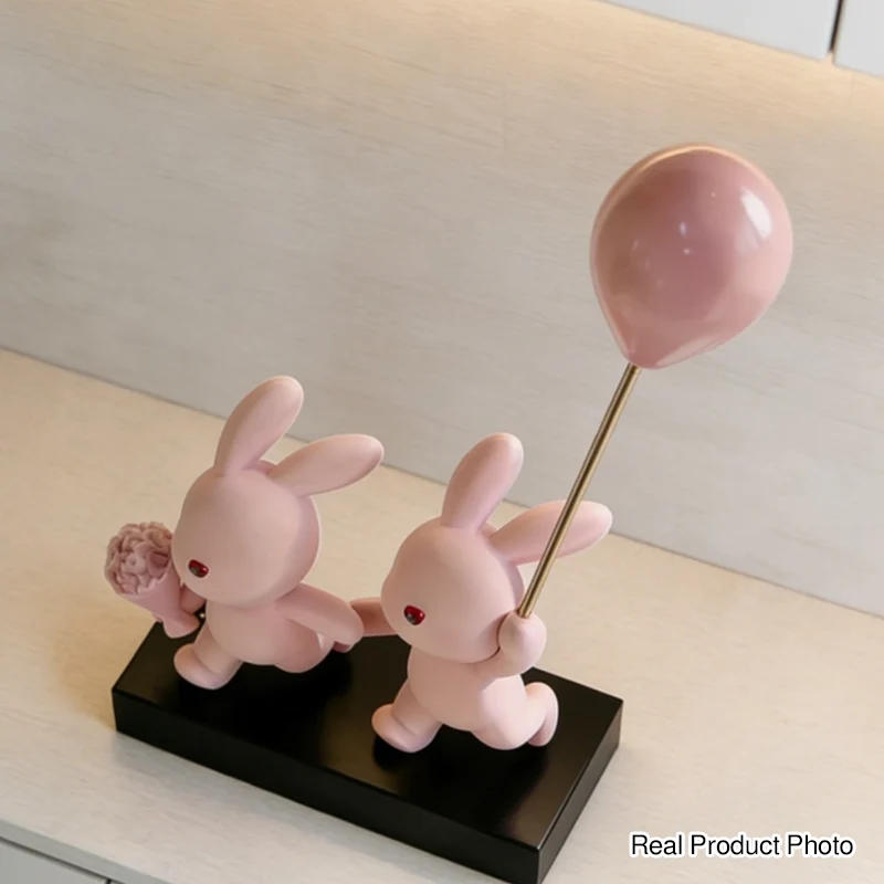 Contemporary Creative Resin Flocked Pink Rabbit-shaped Table Decor For Living Room & Bedroom