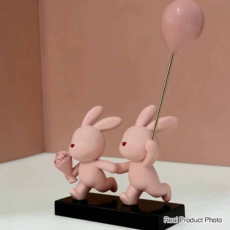 Contemporary Creative Resin Flocked Pink Rabbit-shaped Table Decor For Living Room & Bedroom