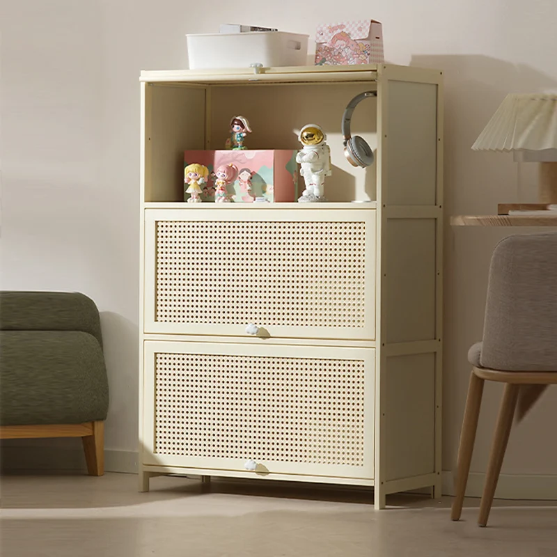 Modern Simplicity Bamboo MDF Rectangular White Storage Shelf Cabinet With Rattan Flip Door 2-5 Tier For Living Room & Office