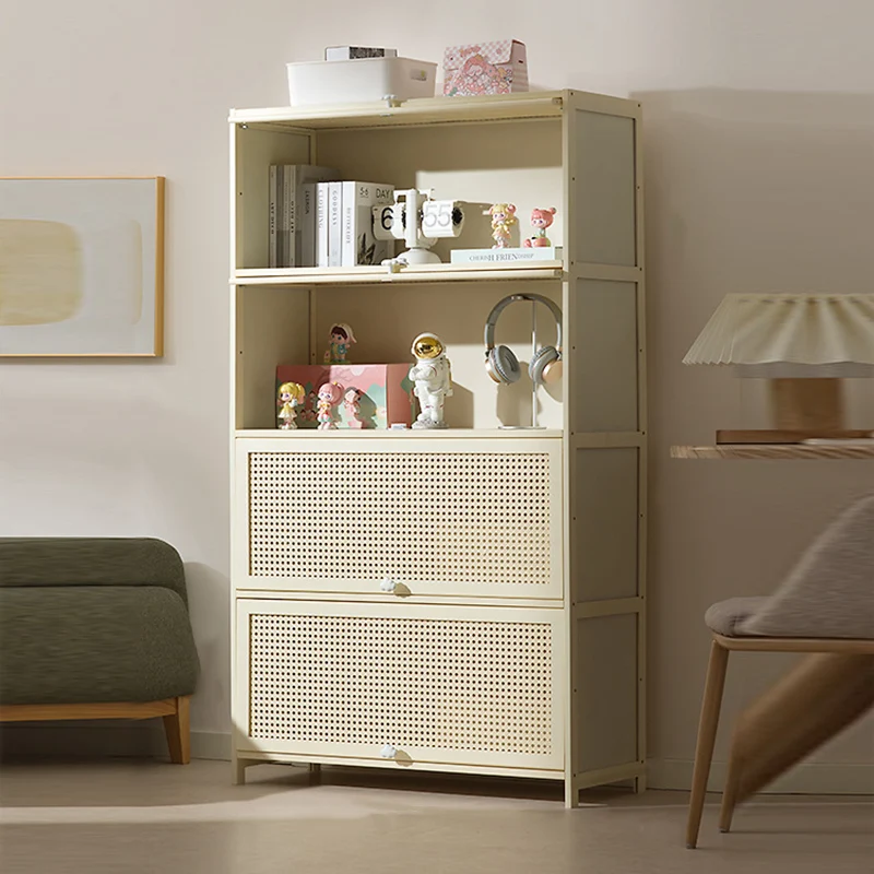 Modern Simplicity Bamboo MDF Rectangular White Storage Shelf Cabinet With Rattan Flip Door 2-5 Tier For Living Room & Office