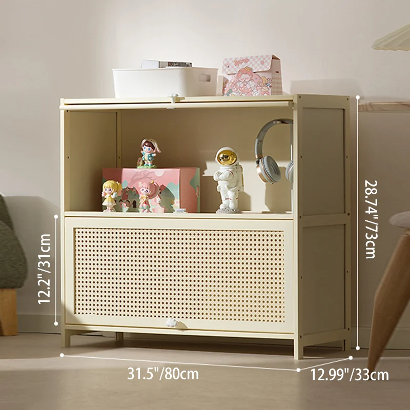 Modern Simplicity Bamboo MDF Rectangular White Storage Shelf Cabinet With Rattan Flip Door 2-5 Tier For Living Room & Office