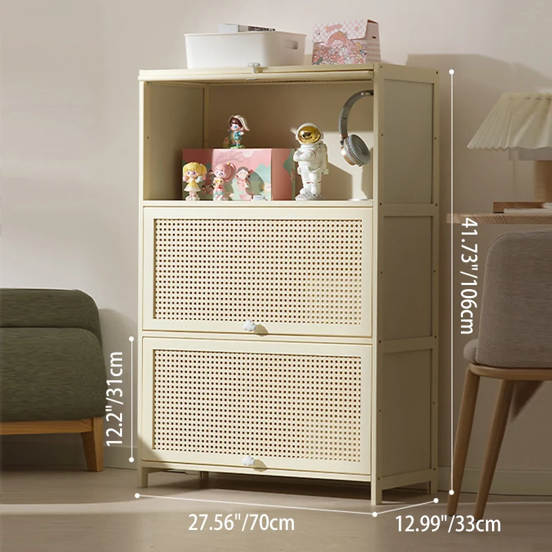 Modern Simplicity Bamboo MDF Rectangular White Storage Shelf Cabinet With Rattan Flip Door 2-5 Tier For Living Room & Office