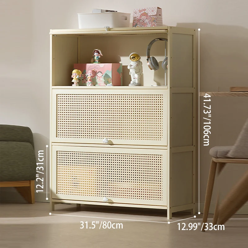 Modern Simplicity Bamboo MDF Rectangular White Storage Shelf Cabinet With Rattan Flip Door 2-5 Tier For Living Room & Office