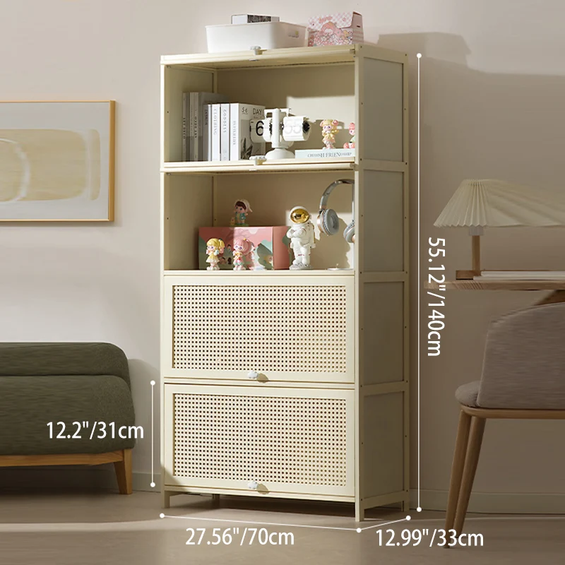 Modern Simplicity Bamboo MDF Rectangular White Storage Shelf Cabinet With Rattan Flip Door 2-5 Tier For Living Room & Office