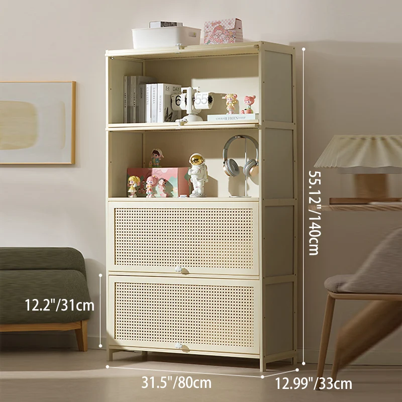 Modern Simplicity Bamboo MDF Rectangular White Storage Shelf Cabinet With Rattan Flip Door 2-5 Tier For Living Room & Office